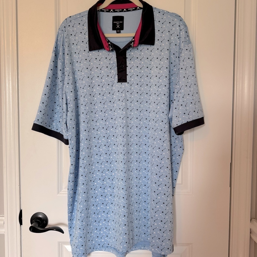 Kenneth Cole Golf Blue and Black Polo XXL Performance Shirt with Sporty Pattern
